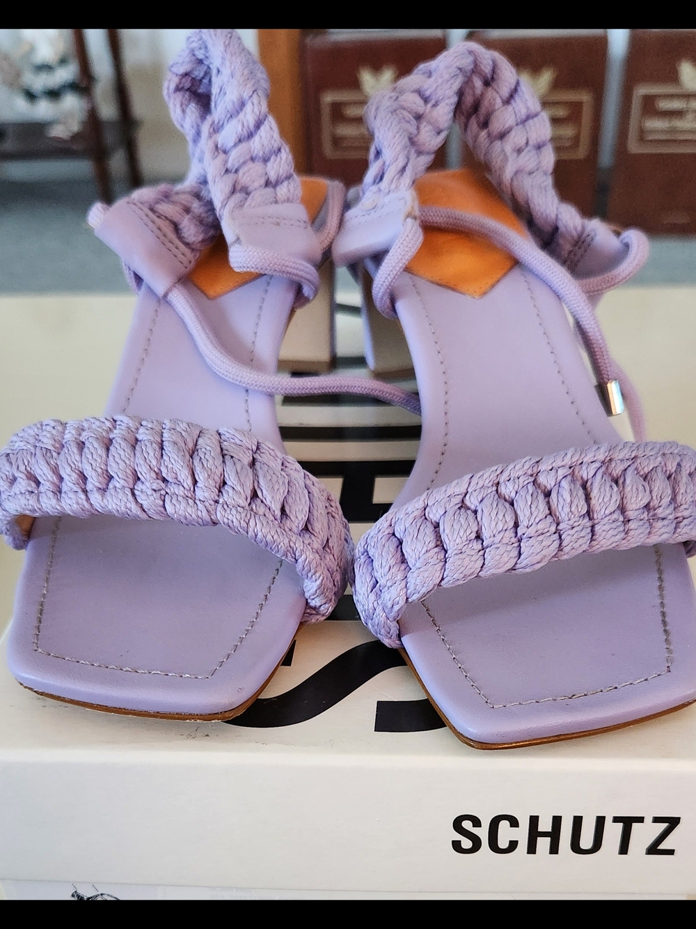 SCHUTZ Lavender Braided Strap Square-Toe Sandals